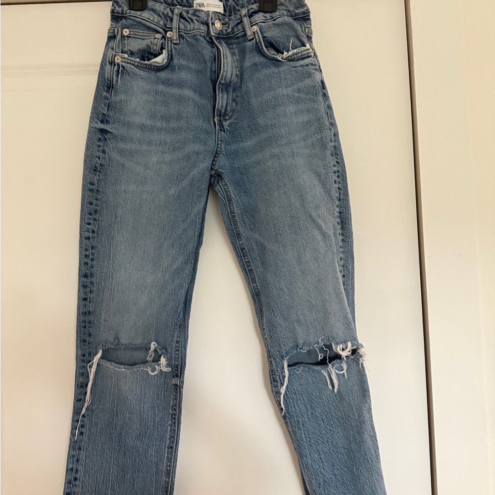 Zara Blue Straight Leg Jeans with Distressed Details